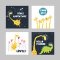 A set of illustrations of cute giraffes with dinosaurs and written phrases in the space style. For printing on children`s clothing Royalty Free Stock Photo